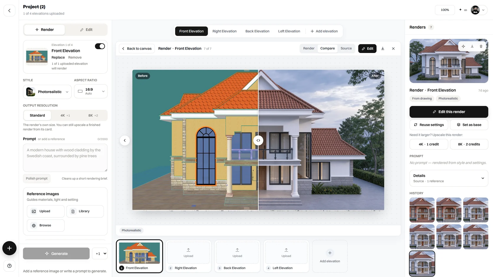Ramah Studio comparing a coloured front elevation drawing with its photorealistic render, with style, prompt and reference image controls on the left and render history on the right